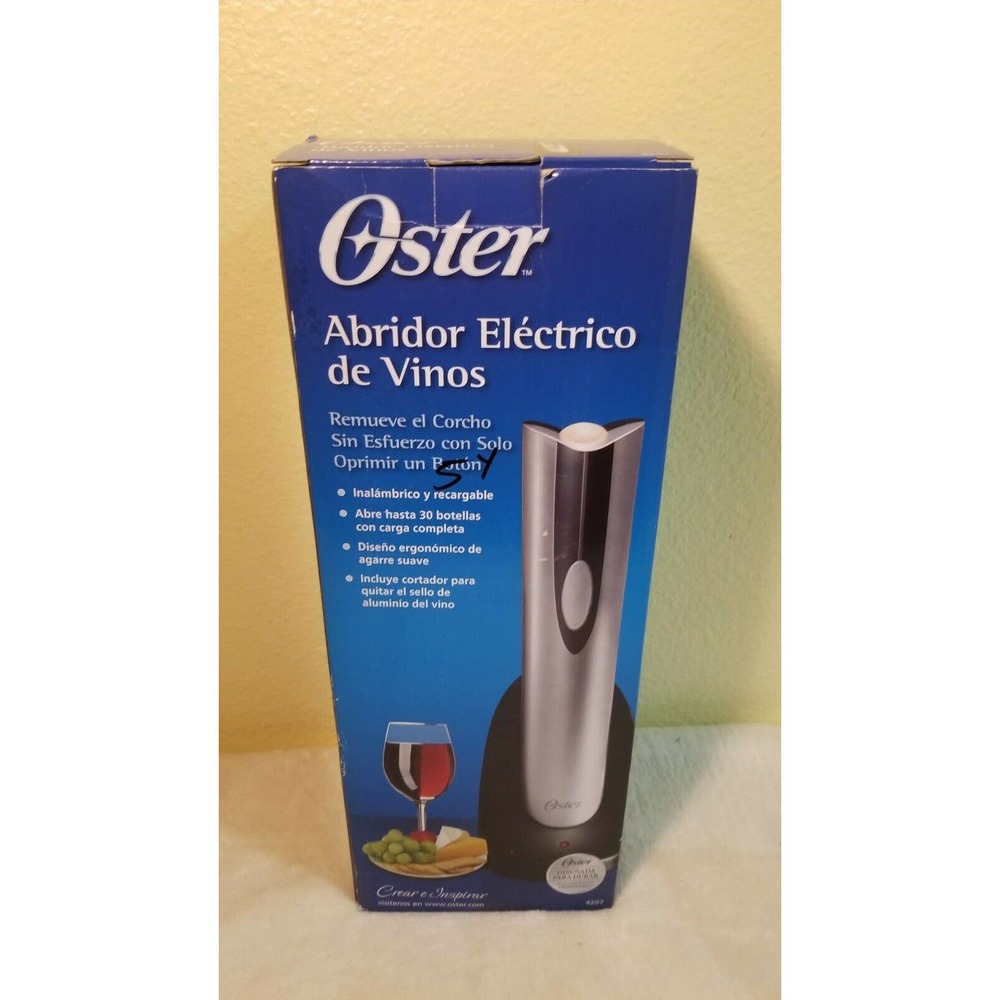 Silver Oster Cordless Electric Wine Bottle Opener Foil Cutter Corkscrew Remover